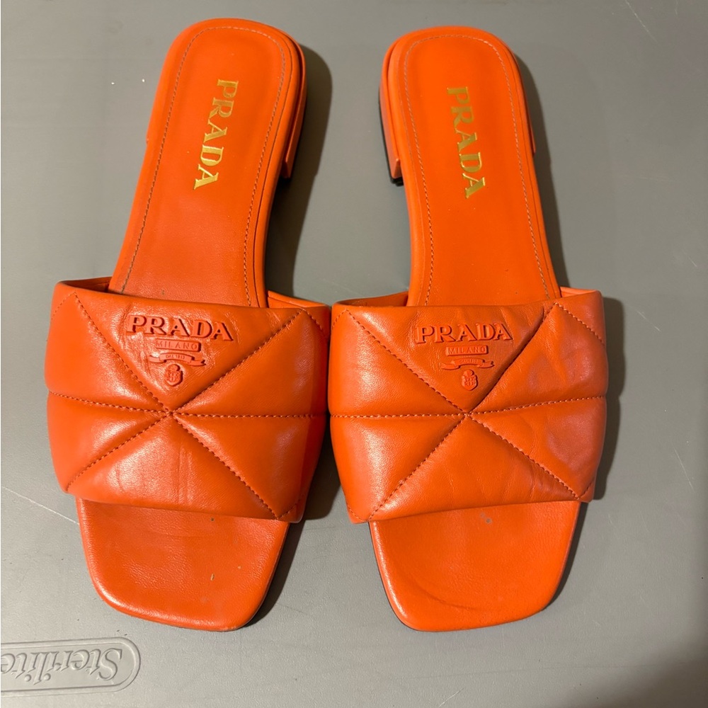 Prada Orange Quilted Slide Sandals